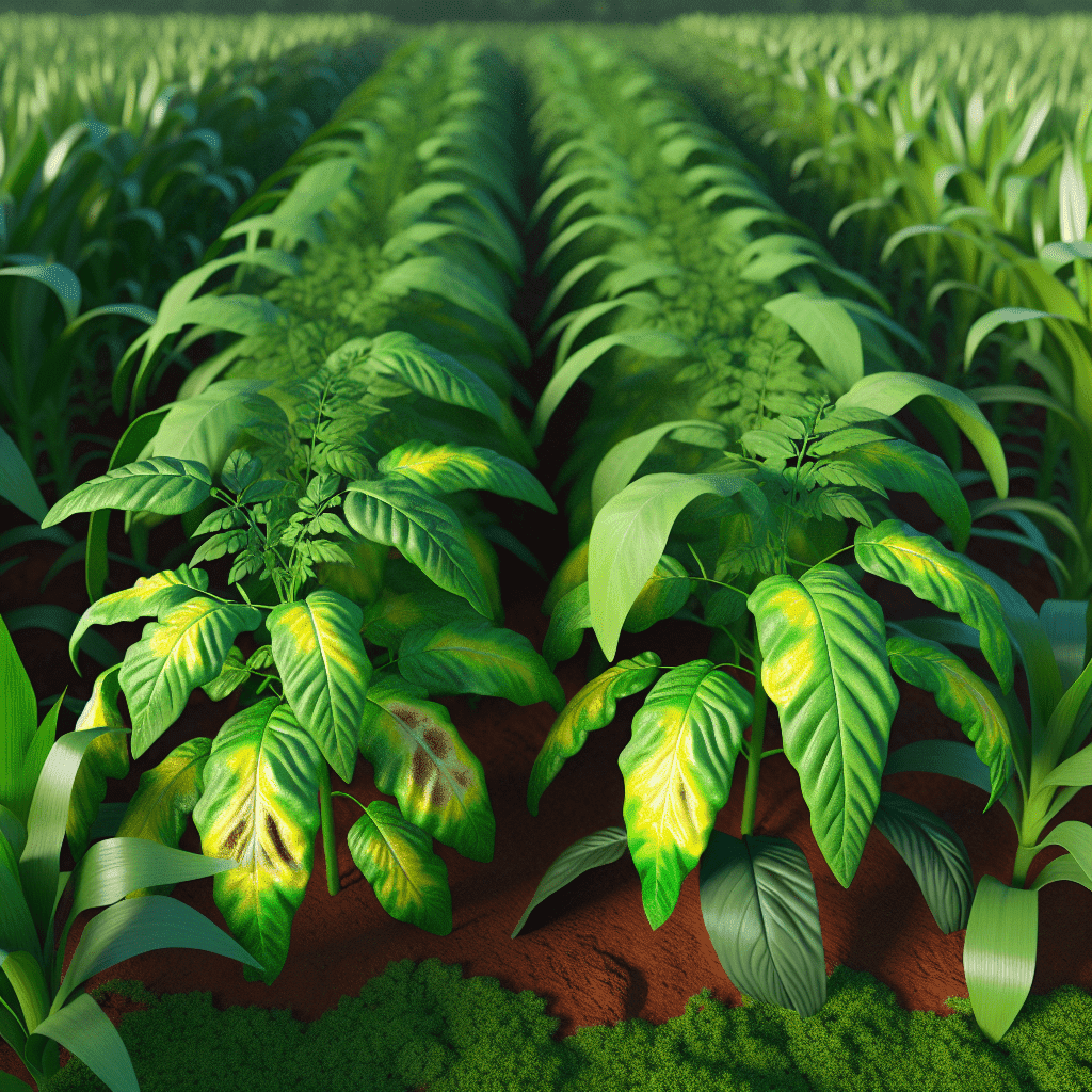 "Feuilles de plantes montrant des signes de chlorose internervaire causée par une carence en magnésium, avec un contraste marquant entre nervures vertes et zones jaunies, illustrant l'importance de ce nutriment clé pour la photosynthèse et la croissance végétale."