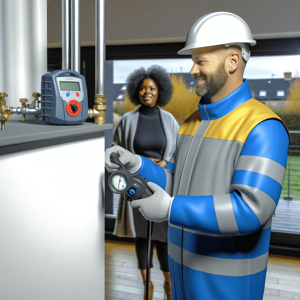 Installation de gaz sécurisée avec un technicien inspectant une chaudière – certificat de conformité gaz obligatoire, prévention des risques, normes de sécurité, assurance habitation, certification QualiGAZ et Dekra.