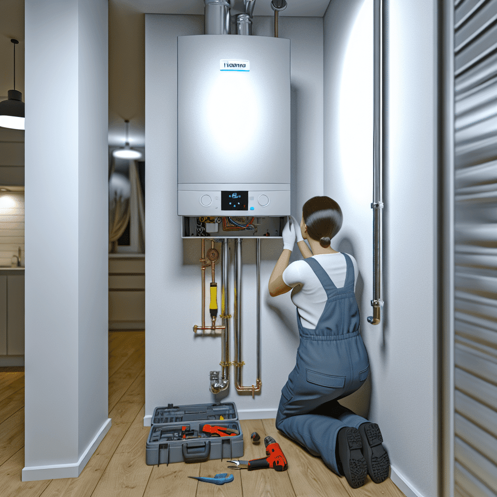 Chaudière gaz à condensation moderne installée dans une chaufferie, illustrant son fonctionnement écoénergétique et son système d’évacuation des fumées optimisé. Ce dispositif performant réduit la consommation de gaz et offre un rendement thermique élevé, conforme aux réglementations énergétiques actuelles.