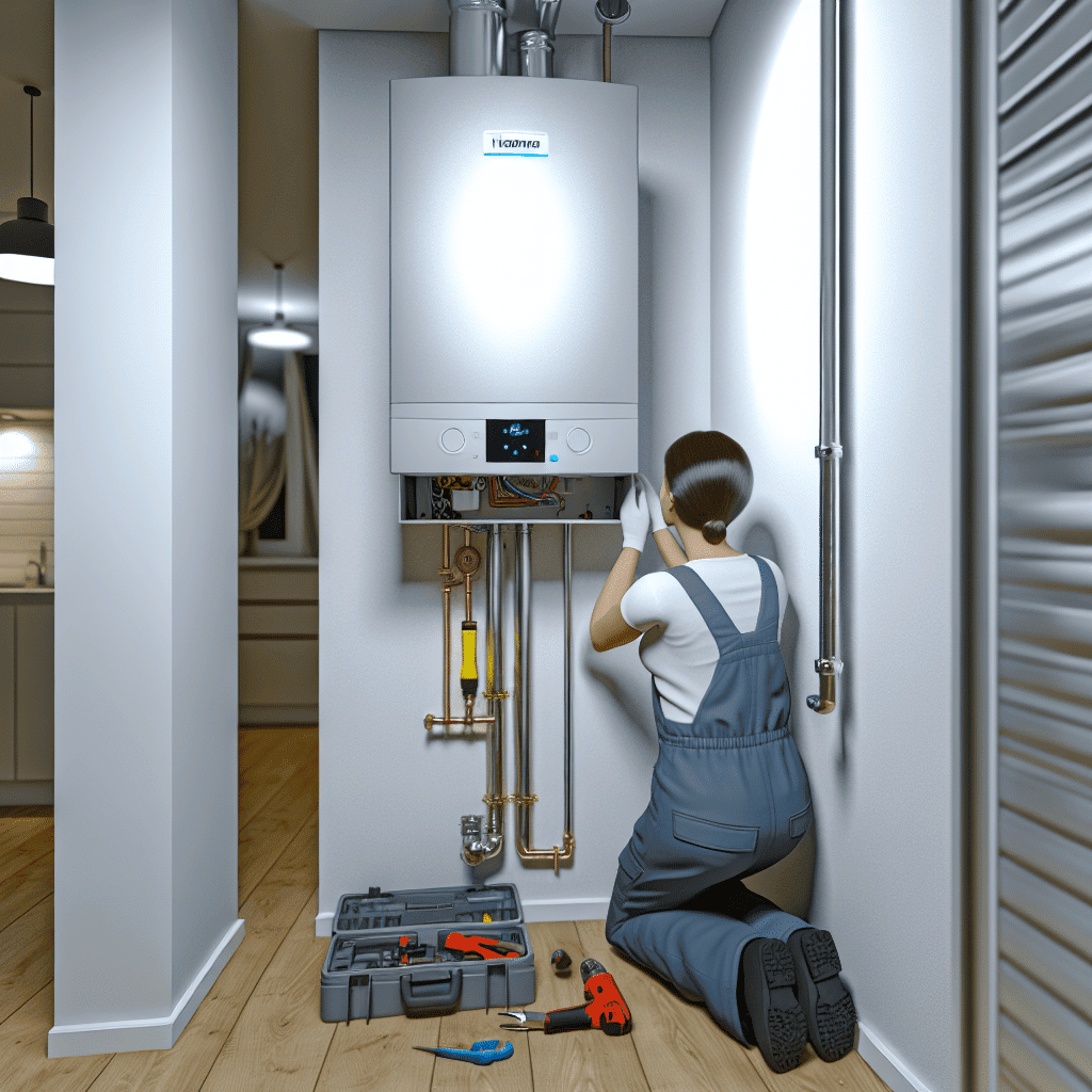 Chaudière gaz à condensation moderne installée dans une chaufferie, illustrant son fonctionnement écoénergétique et son système d’évacuation des fumées optimisé. Ce dispositif performant réduit la consommation de gaz et offre un rendement thermique élevé, conforme aux réglementations énergétiques actuelles.