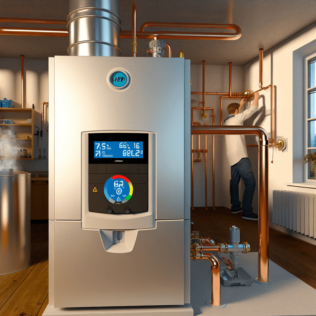 Chaudière à Très Haute Performance Énergétique (THPE) installée dans un intérieur moderne, illustrant une solution de chauffage innovante et écoénergétique. Cette chaudière à condensation optimise la consommation de combustible et réduit les émissions polluantes, offrant un rendement supérieur aux modèles traditionnels. Idéale pour réaliser des économies d’énergie et améliorer le confort thermique du foyer.