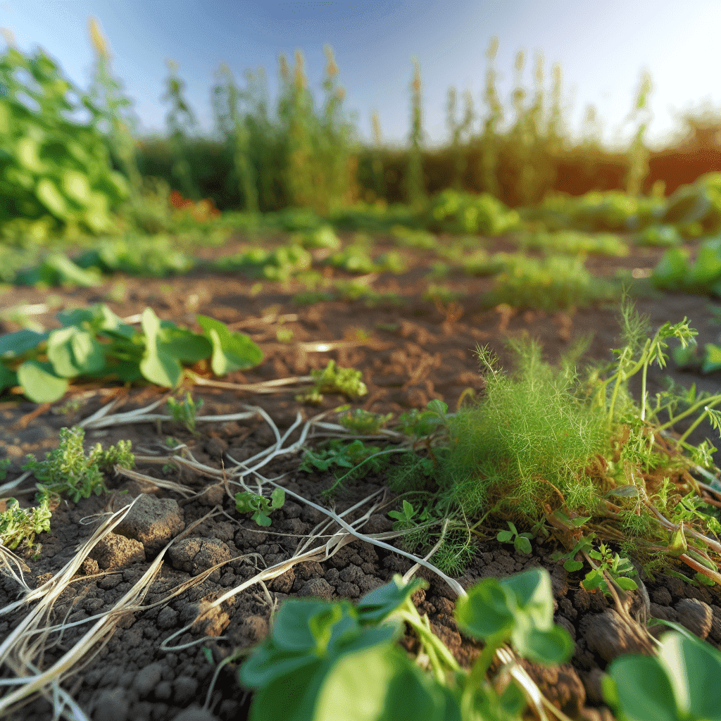 Photo illustrative d’un jardin naturel envahi par des adventices : liseron, chiendent, mouron des oiseaux, pourpier, amarante ou datura, poussant spontanément sur un sol cultivé. Ces plantes dites "mauvaises herbes", révélatrices de l’état biologique et structurel du sol, témoignent d’un écosystème vivant et d'une terre en transformation. Image optimisée pour les mots-clés : adventices, sol vivant, jardin écologique, mauvaises herbes utiles, biodiversité au potager.