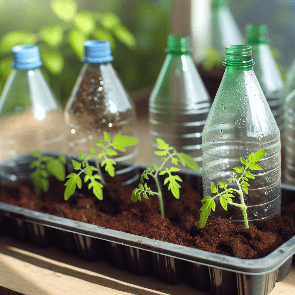 Jeune plant de tomate en pleine croissance à l’intérieur d’une bouteille plastique coupée, remplie de substrat et placée sur un plateau de culture, illustrant une méthode de semis alternative, écologique et sans repiquage pour favoriser l’enracinement progressif. Technique de jardinage durable, idéale pour semer des tomates facilement au printemps avec des matériaux recyclés.