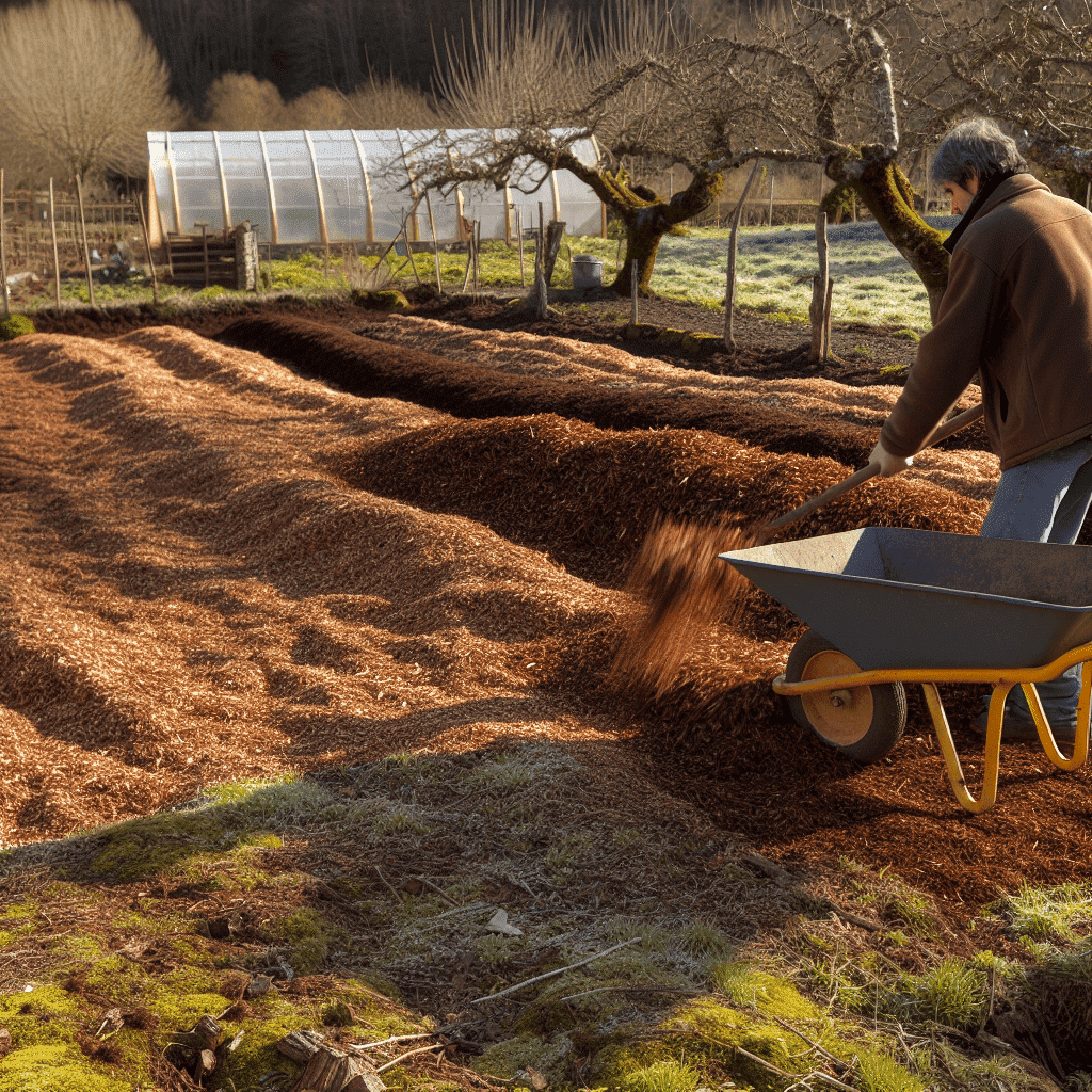 Visuel d’un jardin biologique en vallée de la Dordogne montrant l’épandage manuel du Bois Raméal Fragmenté (BRF) en surface sur un sol humide, avec brouette, paillage non incorporé et bandes de culture en plein champ préparées pour tomates et pommes de terre – technique de fertilisation naturelle axée sur la vie microbienne et la régénération des sols – jardinage écologique en permaculture hiver.