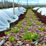 Visuel montrant une parcelle de potager en fin d’hiver recouverte de bois raméal fragmenté (BRF) avec différentes cultures en cours d’implantation : plants de pommes de terre protégés sous voile, jeunes salades à feuille de chêne bien développées, et poquets de semis de concombres. L’image illustre les essais précoces de plantation sur sol paillé en BRF, mettant en avant une agriculture écologique, un sol vivant et les techniques de jardinage durable adaptées à la saison froide.