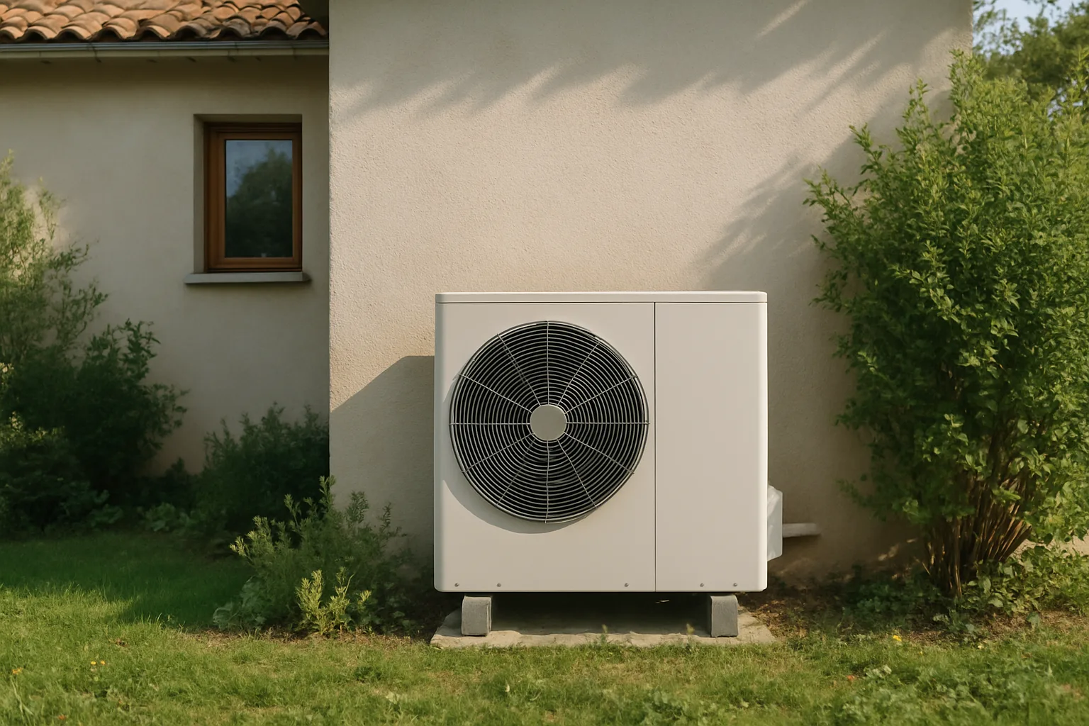Unité extérieure d'une pompe à chaleur air/eau contre le mur d'une maison