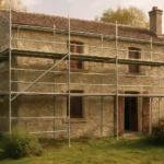 Façade de maison ancienne en pierre entourée d'un échafaudage de rénovation