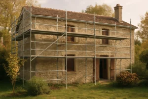 Façade de maison ancienne en pierre entourée d'un échafaudage de rénovation