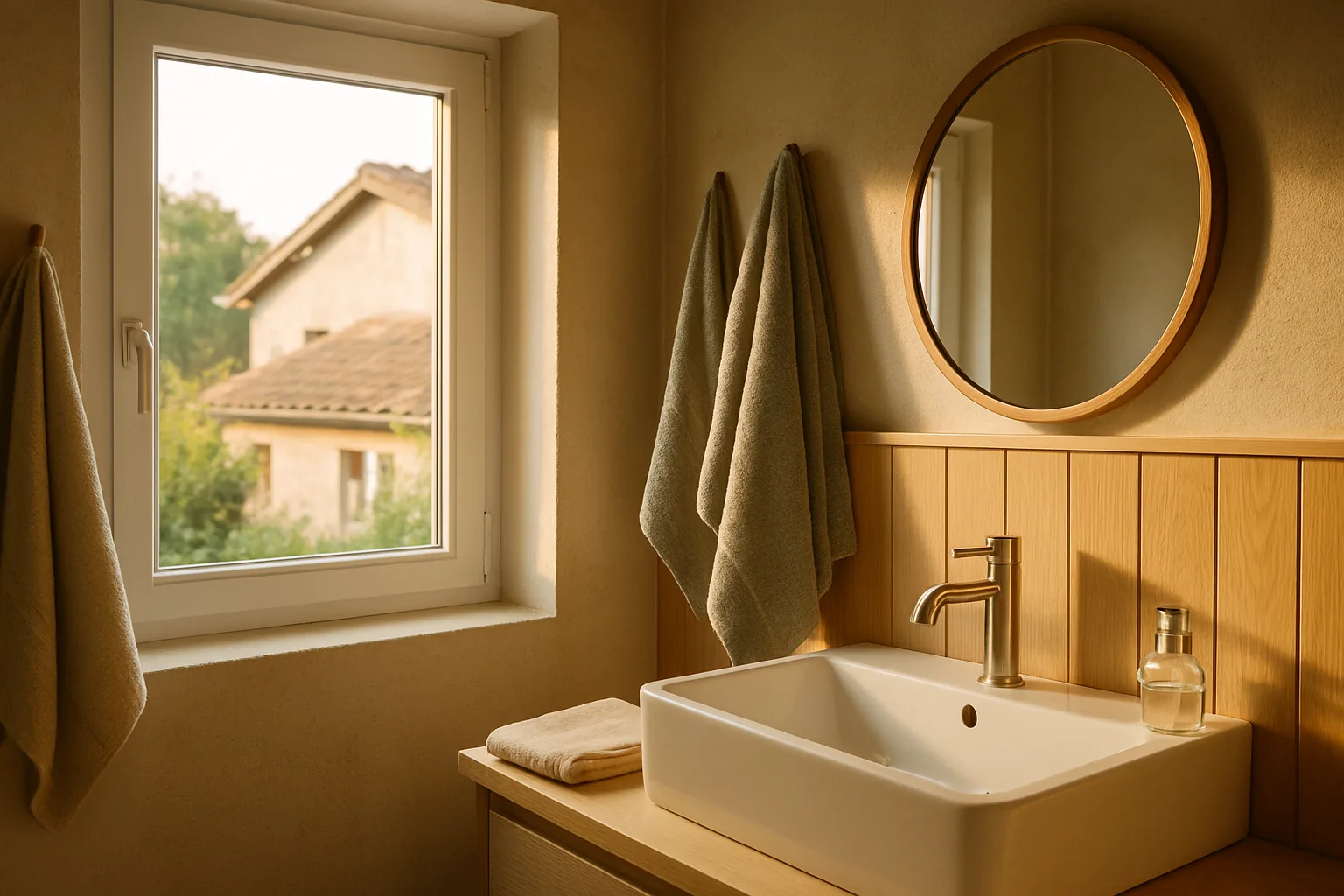 Salle de bain lumineuse d'une maison familiale au petit matin, serviettes et lavabo