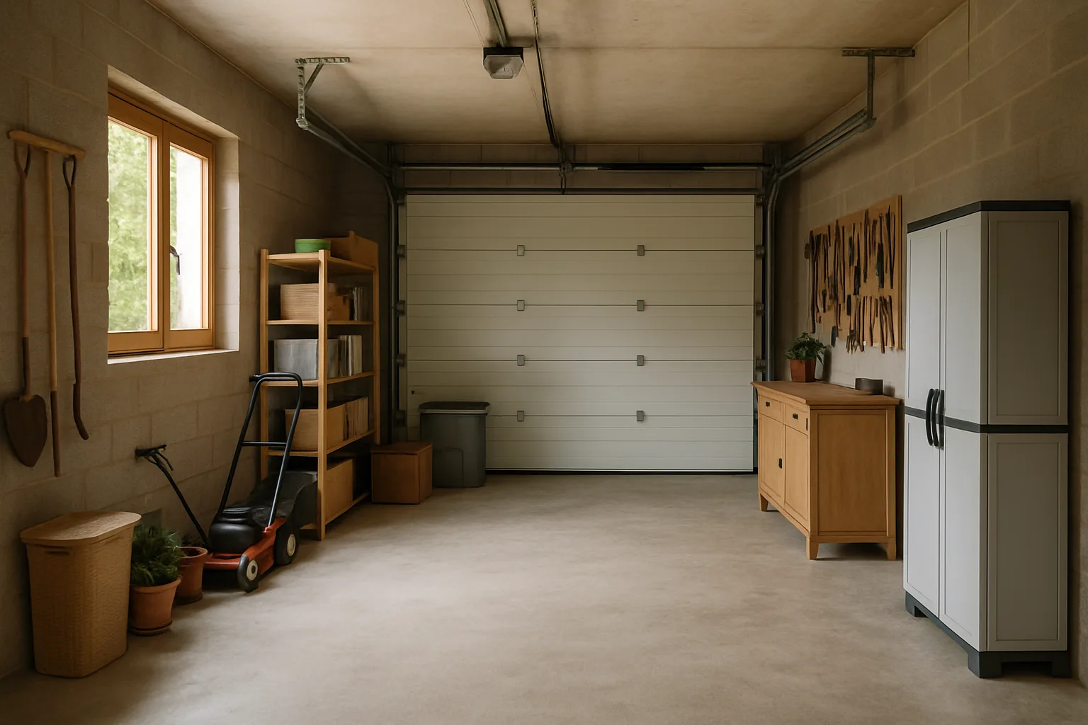 Garage spacieux et bien rangé d'une maison individuelle, éclairé par une fenêtre
