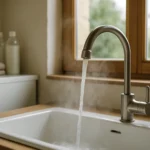 Eau chaude coulant d'un robinet dans une buanderie lumineuse de maison individuelle
