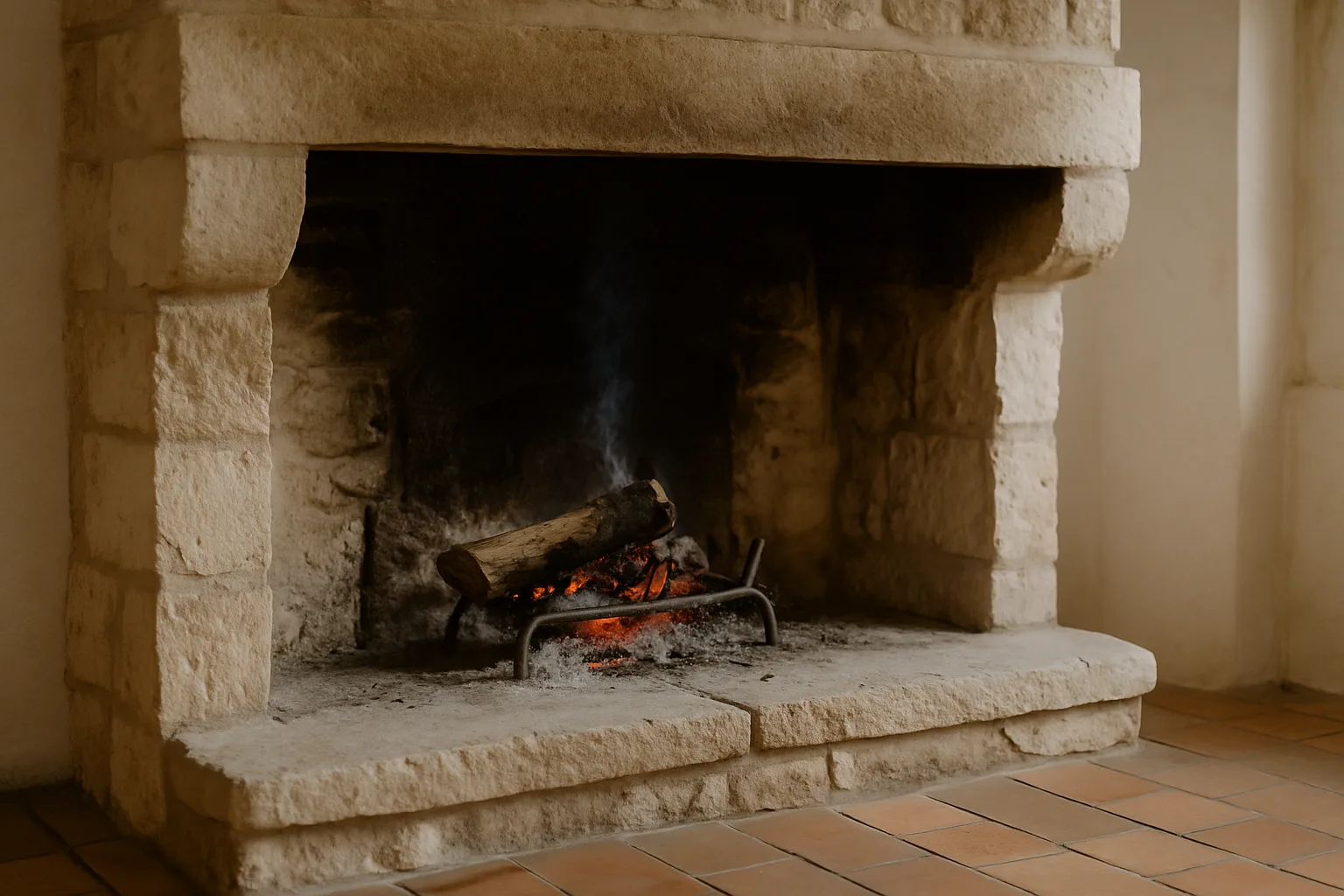Ancienne cheminée en pierre à foyer ouvert avec des braises dans l’âtre