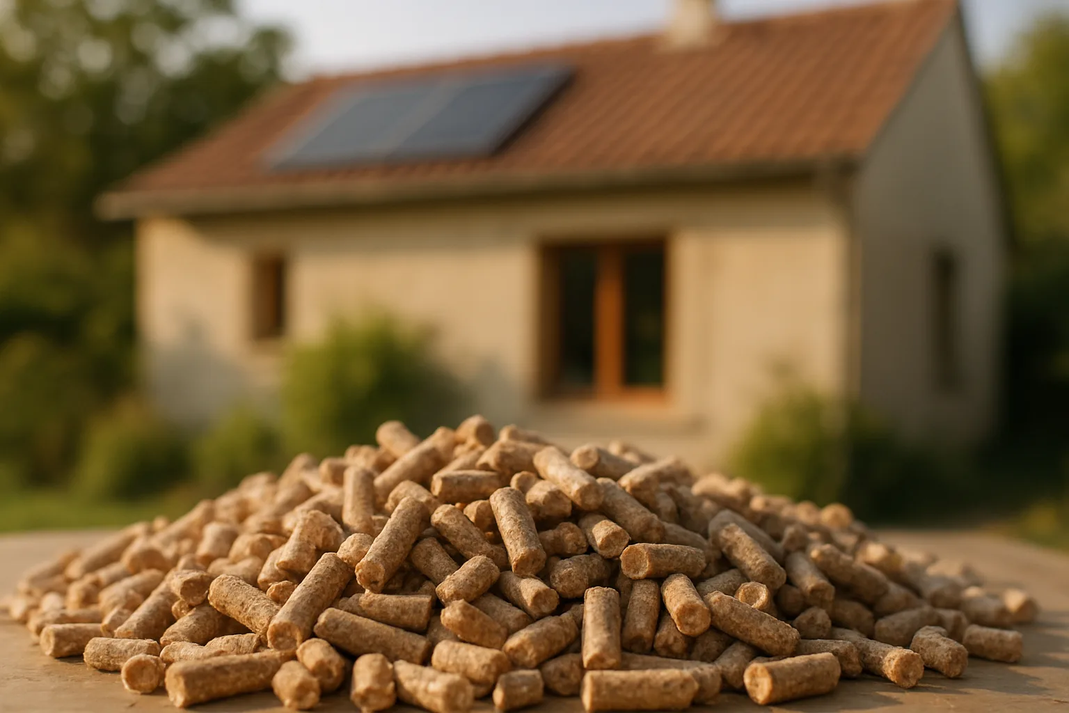 Granulés de bois en vrac vus de près, prêts à alimenter un poêle