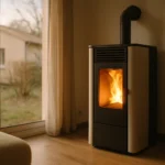 Poêle à granulés allumé dans un salon chaleureux en hiver