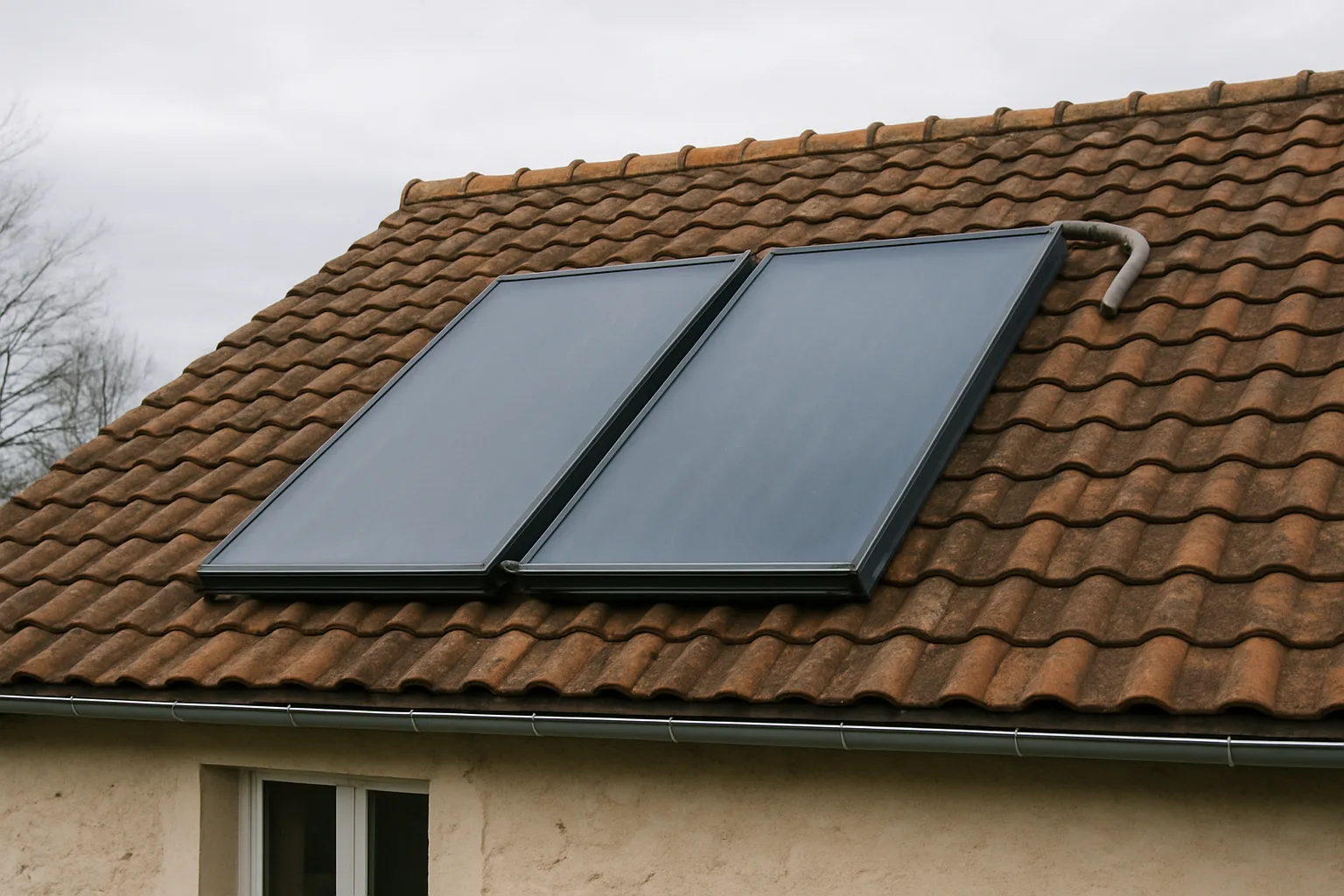 Capteurs solaires thermiques sur un toit de tuiles sous un ciel d'hiver voilé