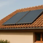 Capteurs solaires thermiques sur le toit de tuiles d'une maison individuelle