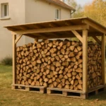 Bois de chauffage rangé sous un abri ouvert, à l'écart de la maison