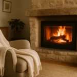 Salon en hiver avec une cheminée en pierre équipée d'un insert allumé