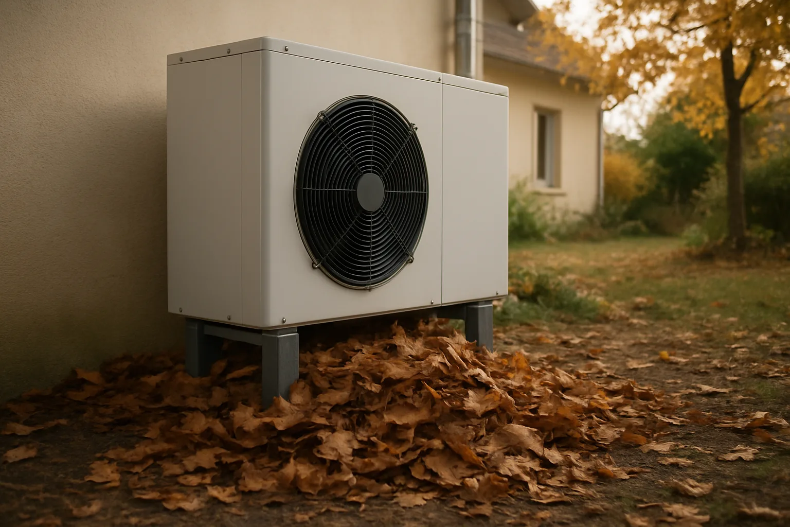 Feuilles mortes accumulées autour de l'unité extérieure d'une pompe à chaleur en automne