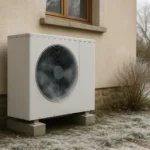 Unité extérieure de pompe à chaleur fonctionnant devant une maison par temps froid