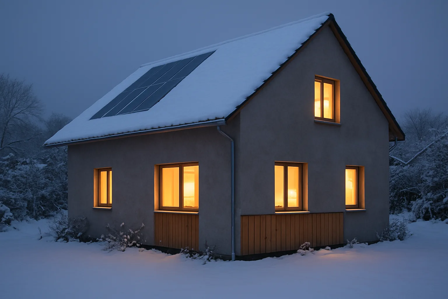 Maison individuelle enneigée au crépuscule avec des fenêtres éclairées de l'intérieur