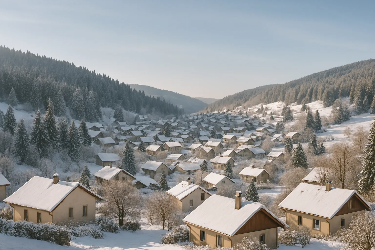 Village de moyenne montagne couvert de neige avec des sapins sous un ciel d'hiver