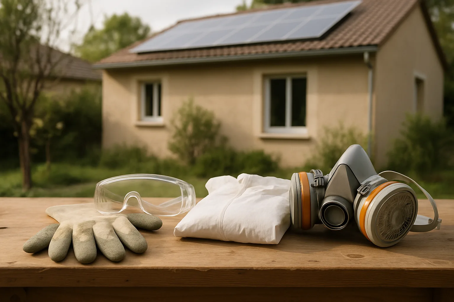Gants, lunettes étanches, combinaison et masque respiratoire posés sur un établi en bois